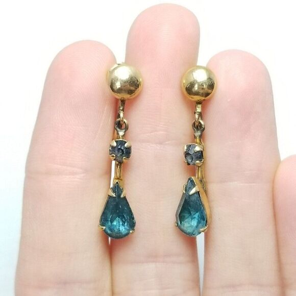 Vintage Yellow Gold Filled Blue Rhinestone Dangle Clip On Screw Back Earrings - Picture 6 of 6